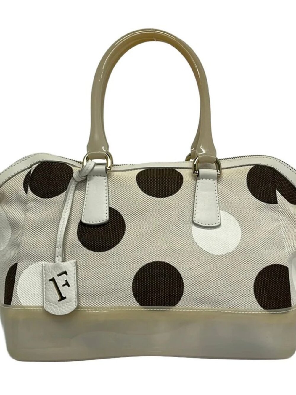 FURLA Candy Bag Cream Brown Canvas PVC Leather Handbag
